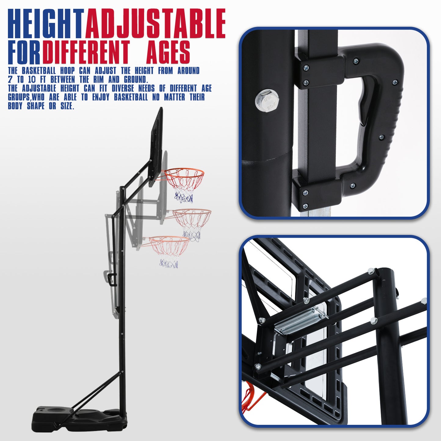 10 Ft Adjustable Height Portable Basketball Hoop w/Standard Rim