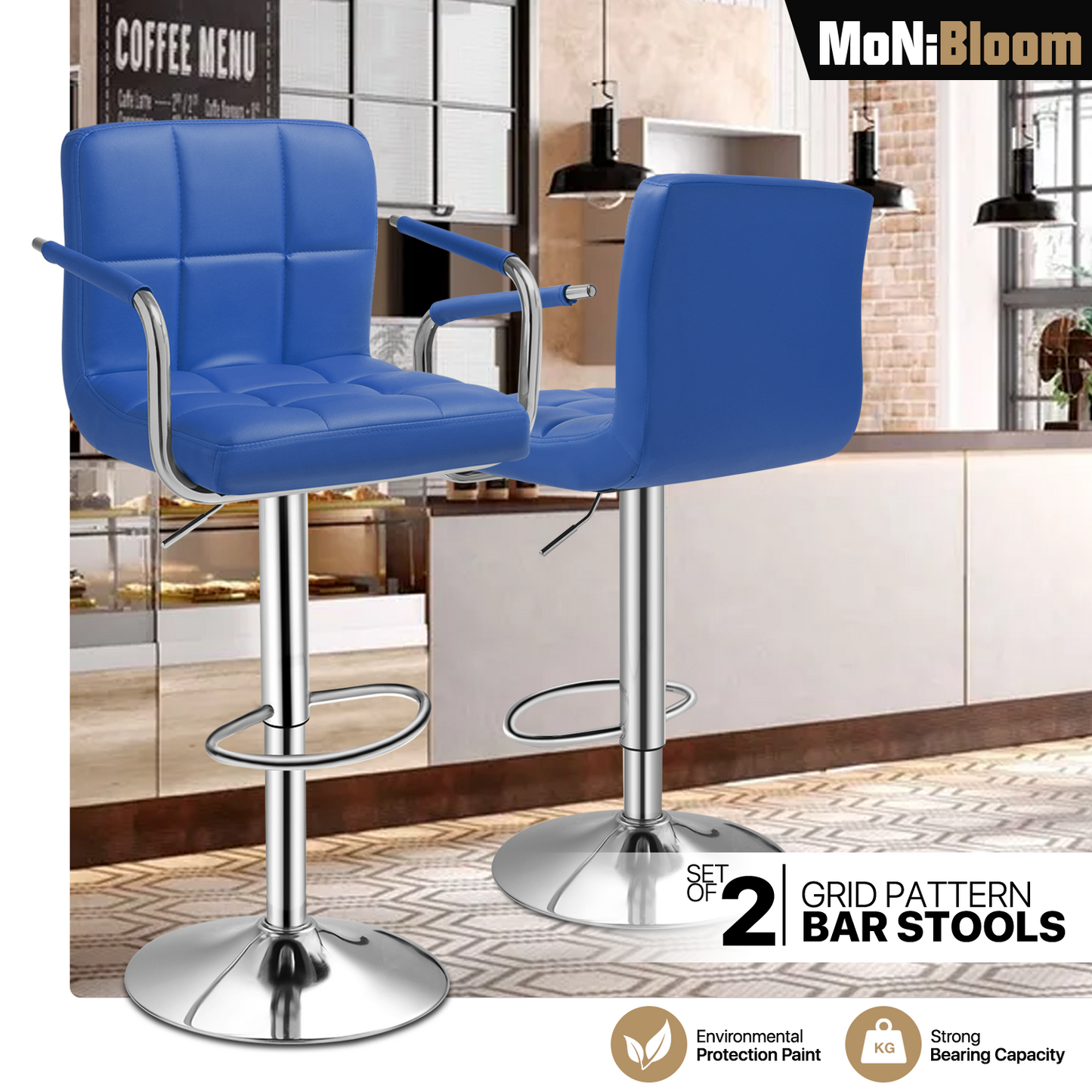 Grid Pattern Bar Stool w/Handrest 2 Pcs