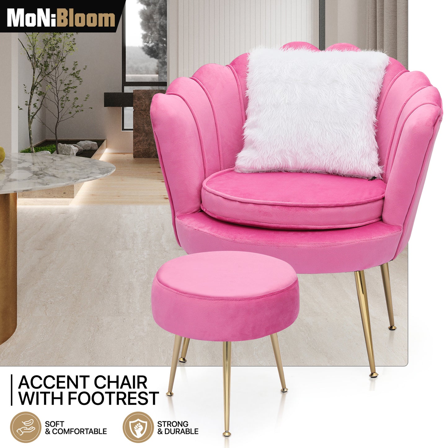 Velvet Upholstered Vanity Accent Chair Armchair w/Footrest - Scalloped Back