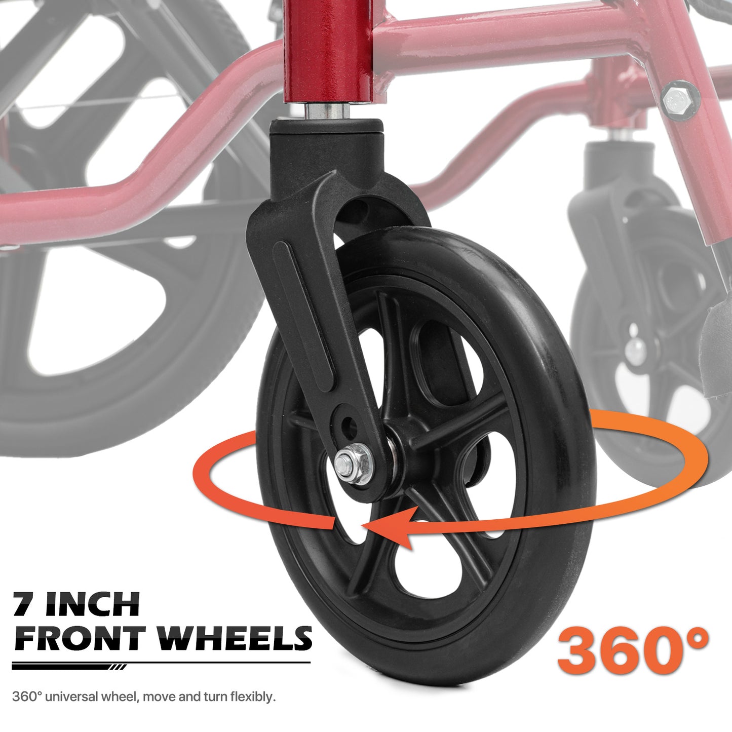 Transport Wheelchair - with Handbrake, Cushion - Red