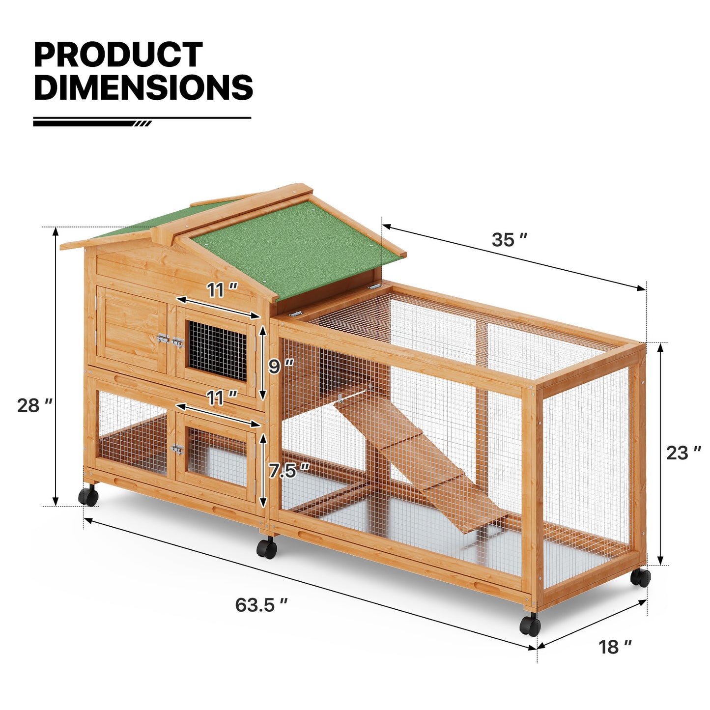 Wooden Chicken Coop Rabbit Hutch - House Shape - 63.5'' Length - w/6 Wheels