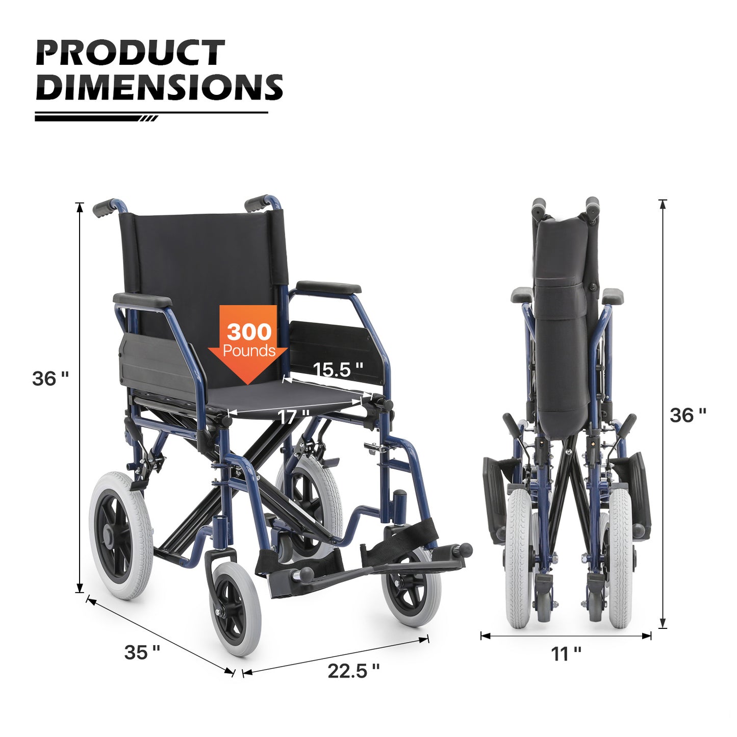 Transport Wheelchair - PU Solid Tyre - Blue