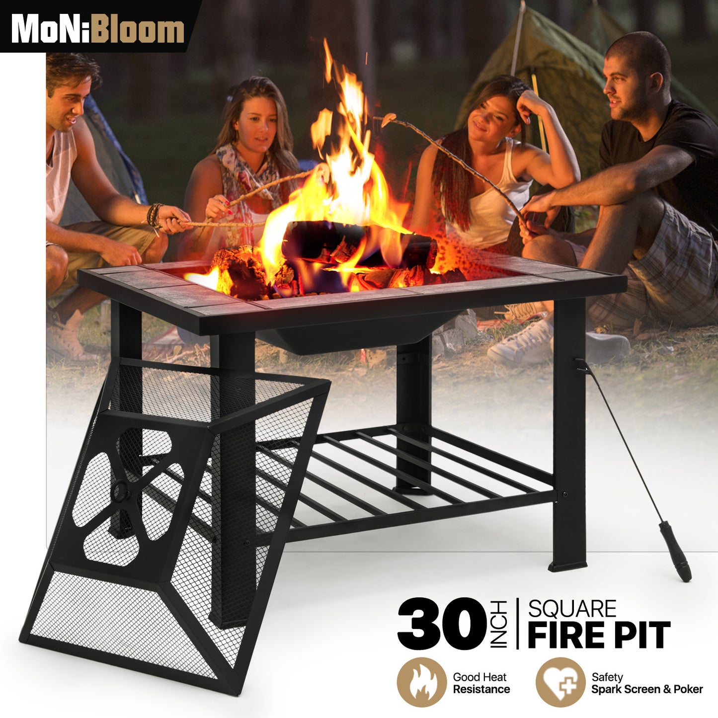 30" Square Fire Pit Table w/Log Grate & Poker & Spark Screen