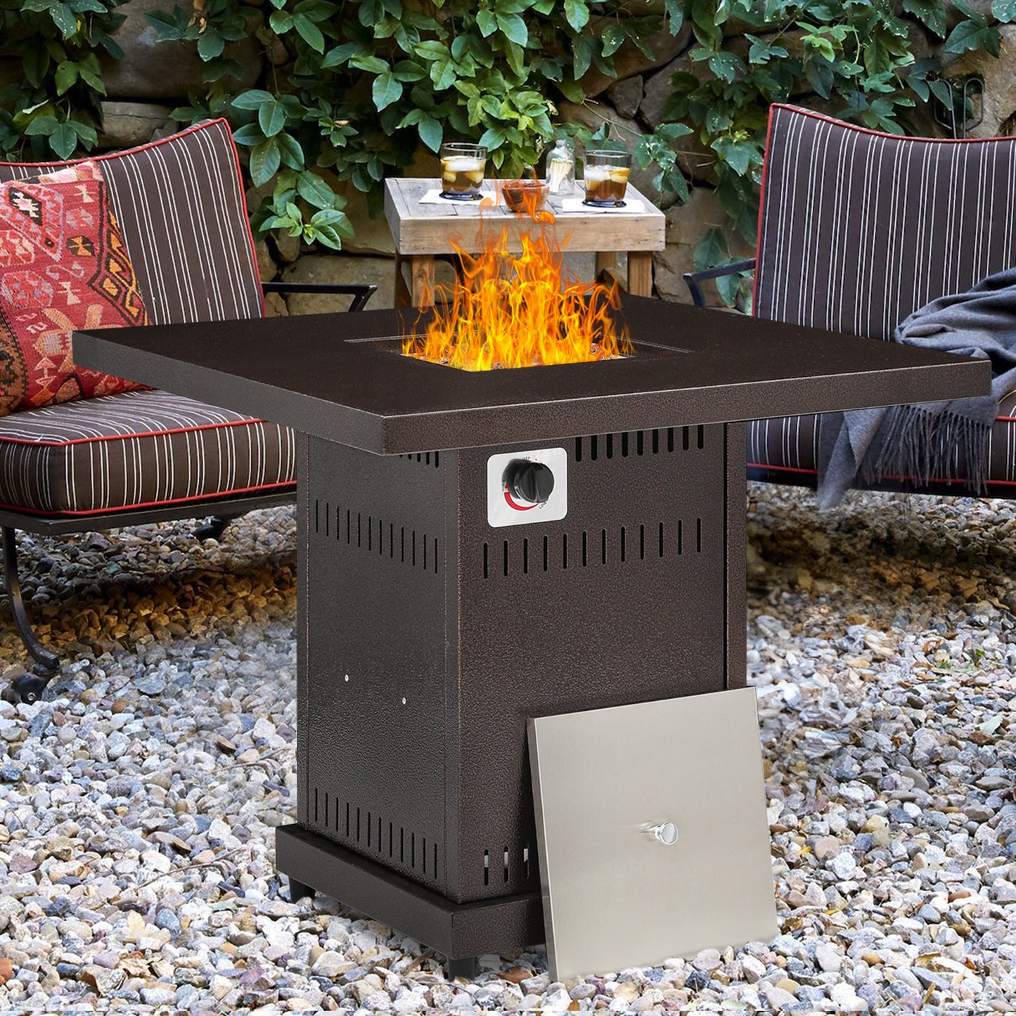 30" Outdoor Square Propane Gas Fire Pit Table 40,000 BTU - w/Lid, Lava Rocks - Brown