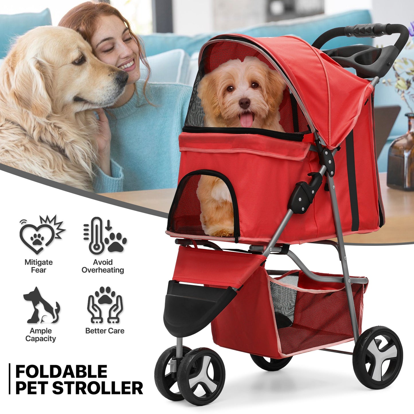 Pet Stroller - Adjustable Sunshade+Storage Basket