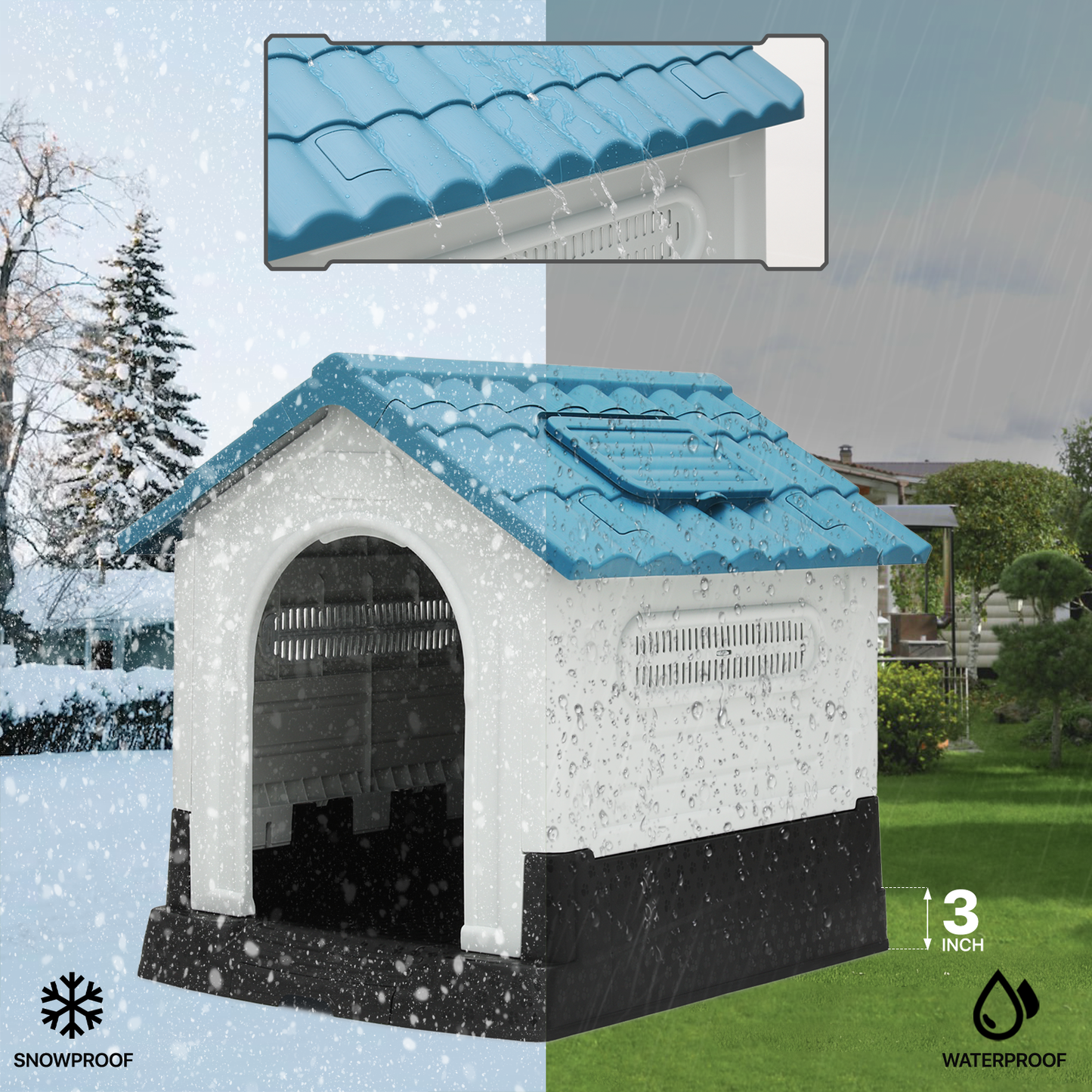 Plastic Dog House - with Adjustable Skylight, Elevated Base