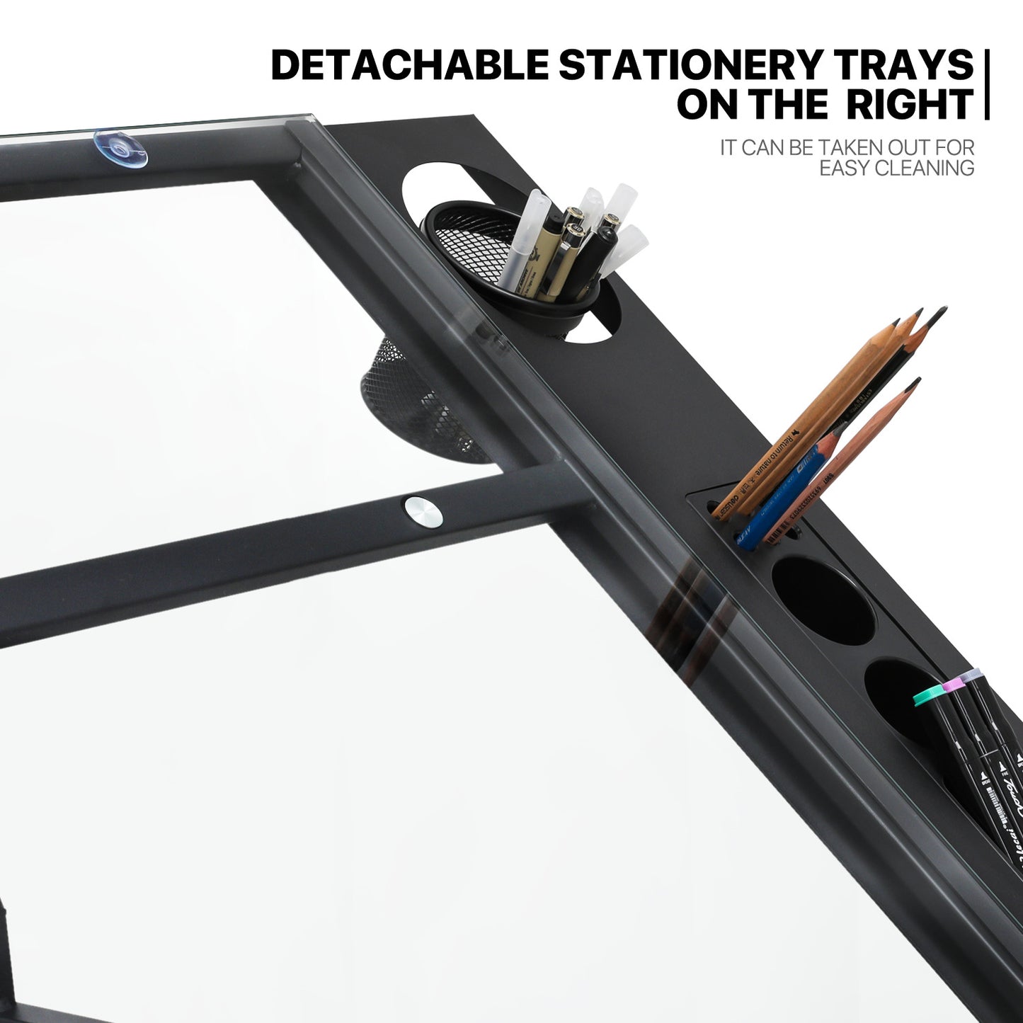 Drafting Table - 53" Crystal desktop with frame, 2 mesh drawers, with black stool