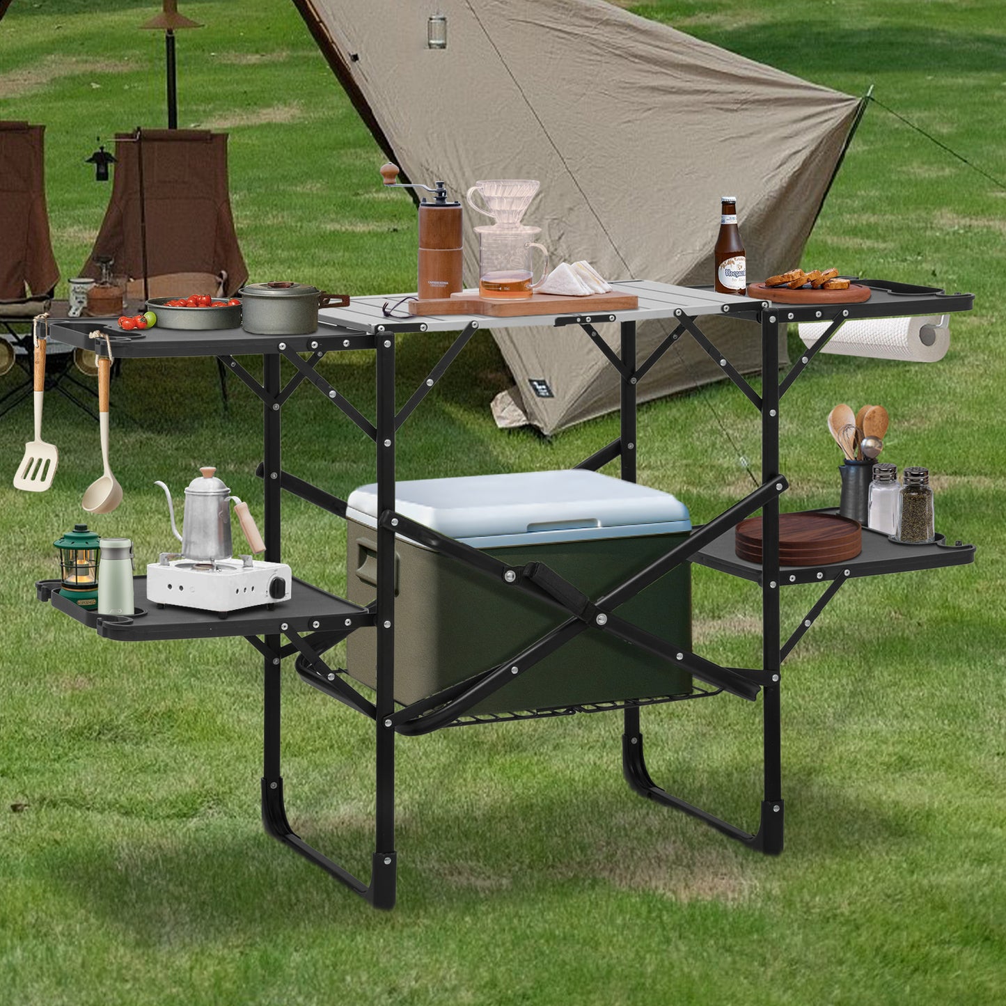 Folding Camping Table 52"x17.5"x32" - Black/silver