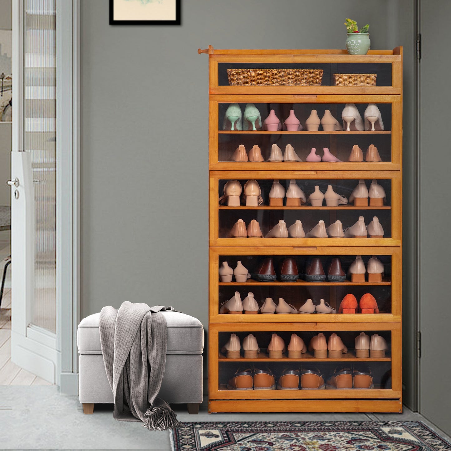 Visible Drop Down Door Shoe Organizer - Bamboo/Acrylic - Brown