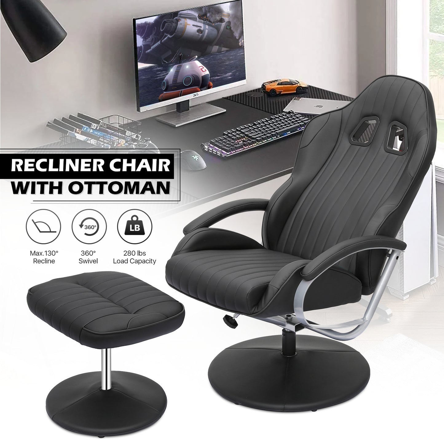 Gaming Chair with Ottoman - PU Leather