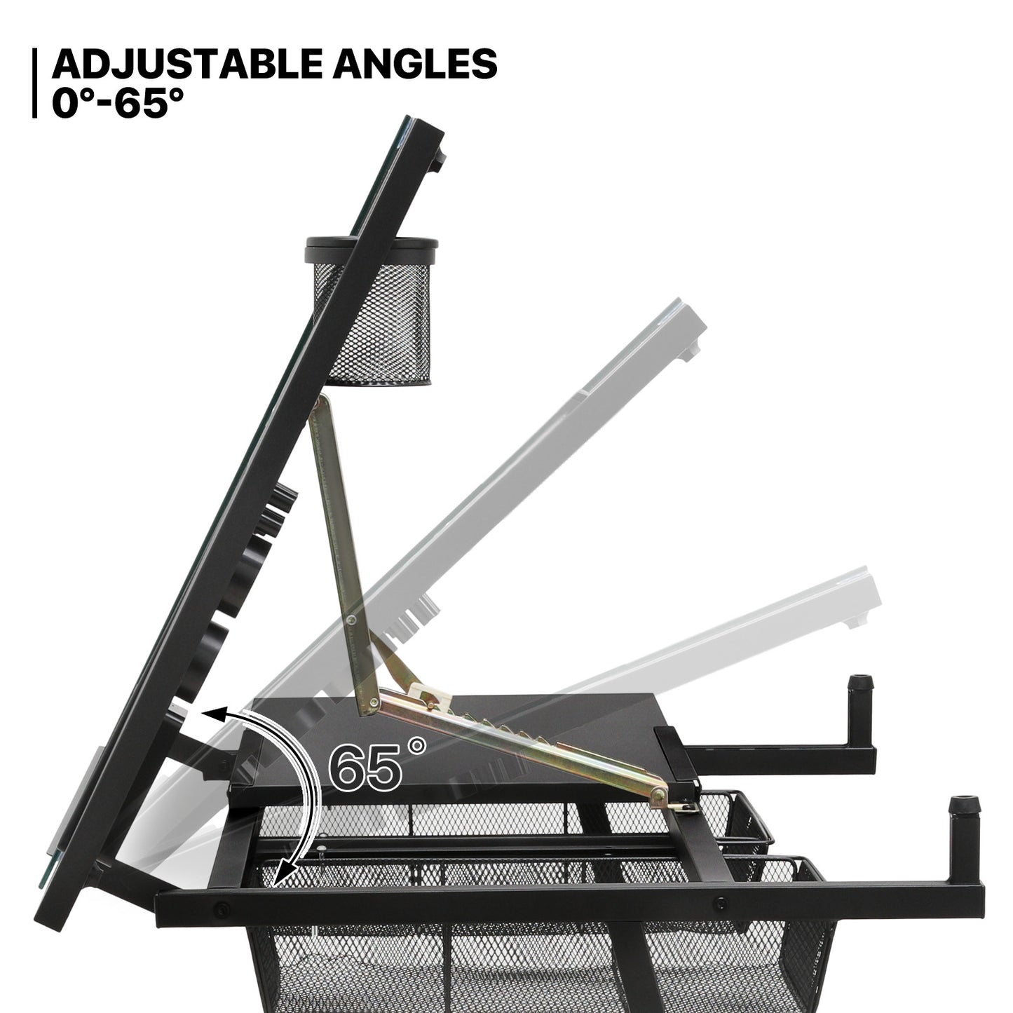 Drafting Table - 53" Crystal desktop with frame, 2 mesh drawers, with black stool