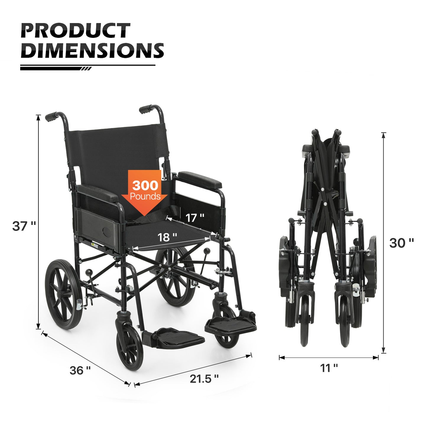 Transport Wheelchair - FDA Approved, PU Paded Armrest, Black