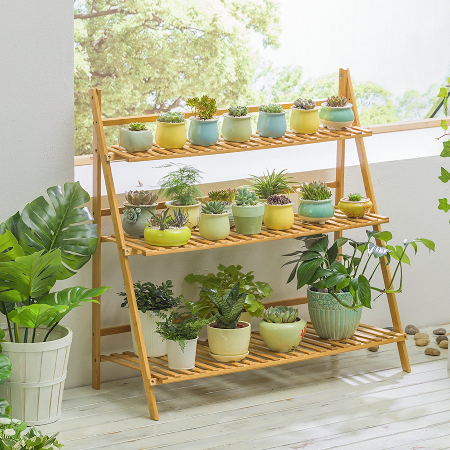Foldable Flower Plant Rack - A Frame Stand Shelf - 3 Tier - Natural