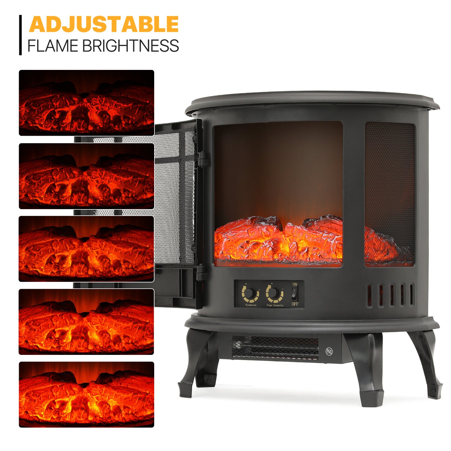 Freestanding Electric Fireplace - 1400W Space Heater - Adjustable Flame Brightness