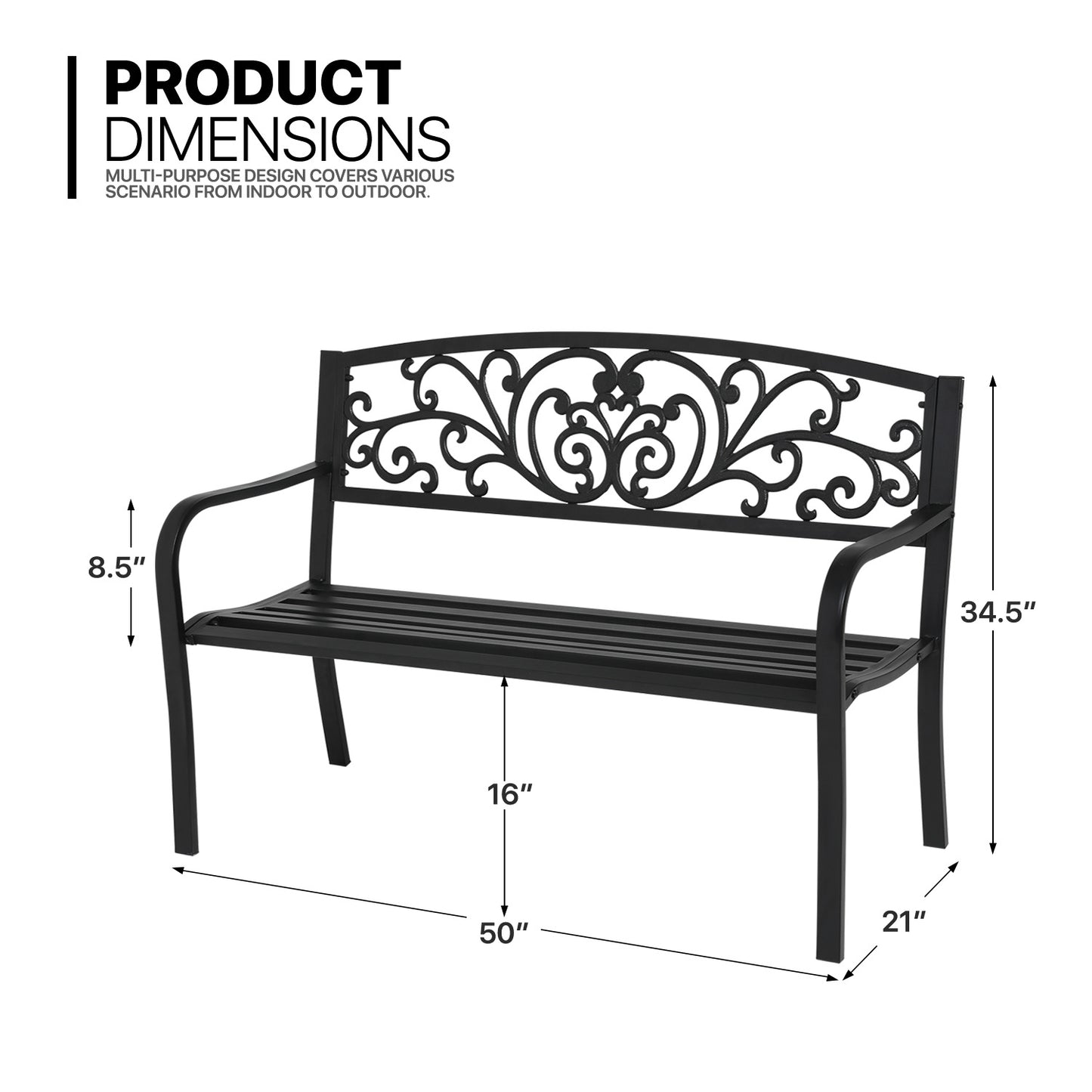 Iron Patio Garden Bench 50"x21"x34.5"