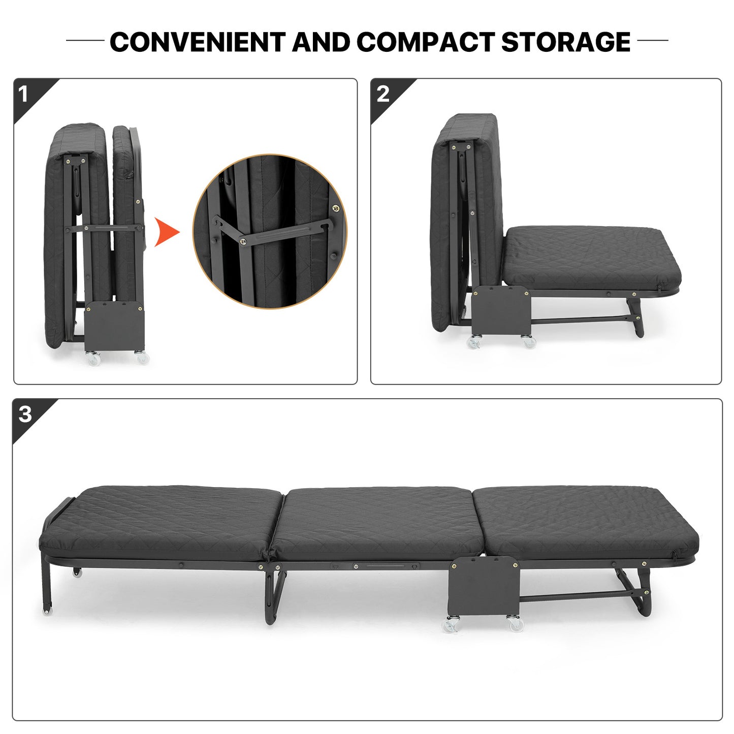 Folding Rollway Sleeping Bed - Camping Cot - 71'' Length - w/2'' Thick Mattress+6 Wheels