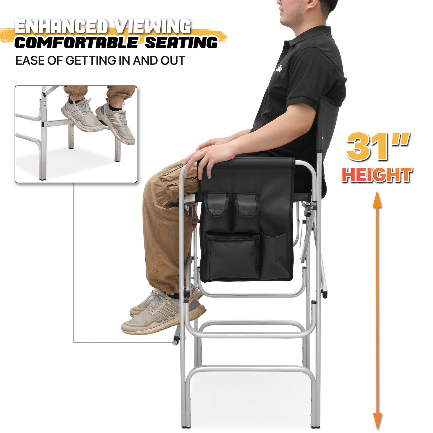 Foldable Director Chair-31" Seat Height-Cup Holder Tray+Side Pocket