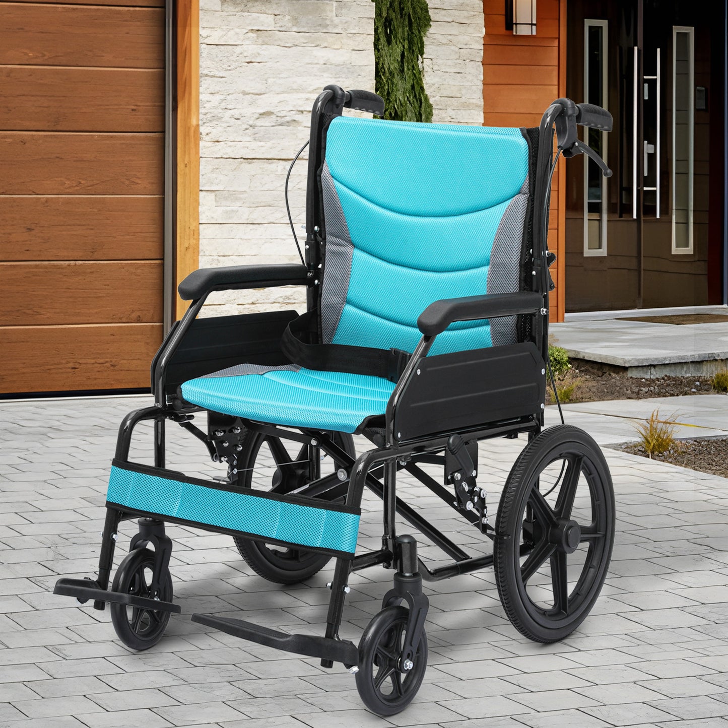 Transport Wheelchair - with Handbrake, Cushion - Black