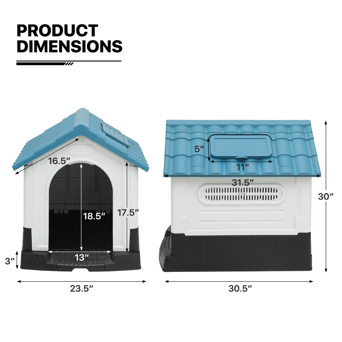 Plastic Dog House - with Adjustable Skylight, Elevated Base