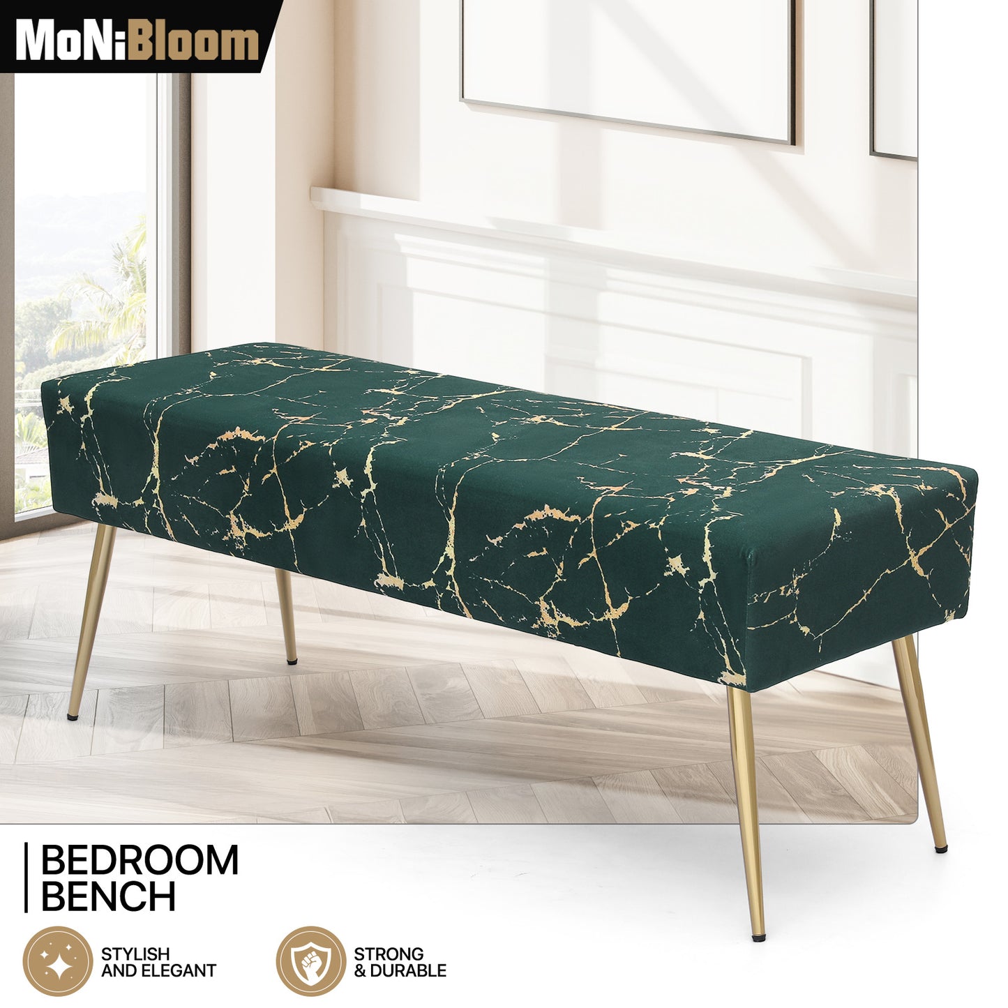 Velvet Tufted Upholstered Ottoman Bench Footstool Marbling Microfiber Seat