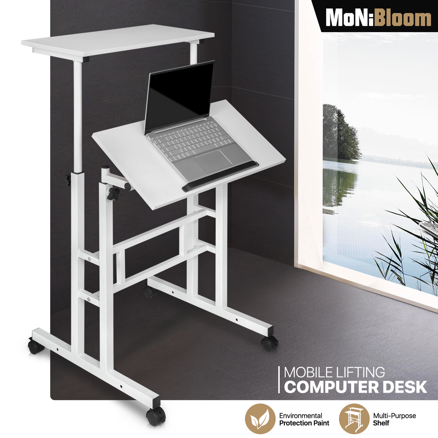 Lifting Tilting Computer Desk w/Monitor Shelf Adjustable Height 28" to 46"