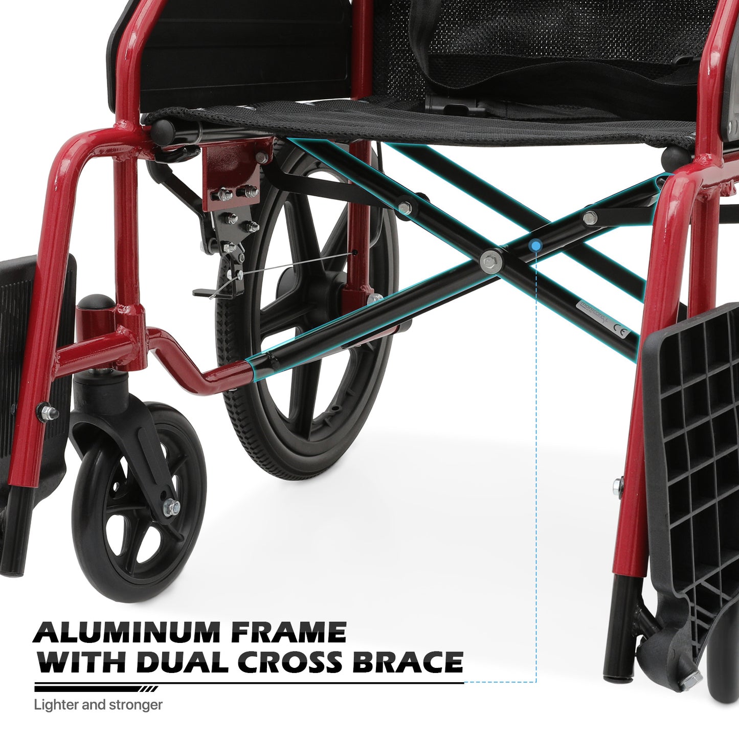 Transport Wheelchair - with Handbrake, Cushion - Red
