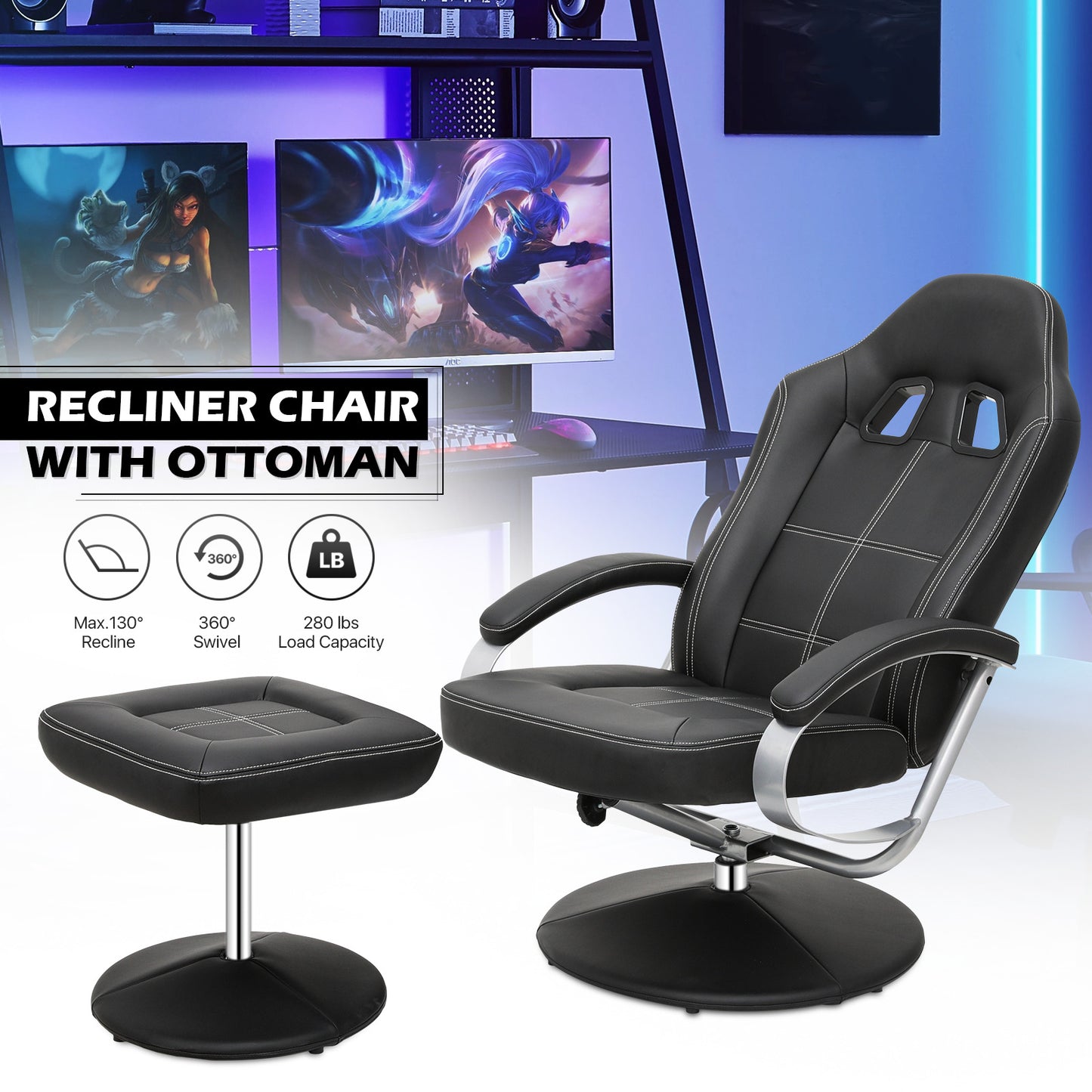 Gaming Chair with Ottoman - PU Leather