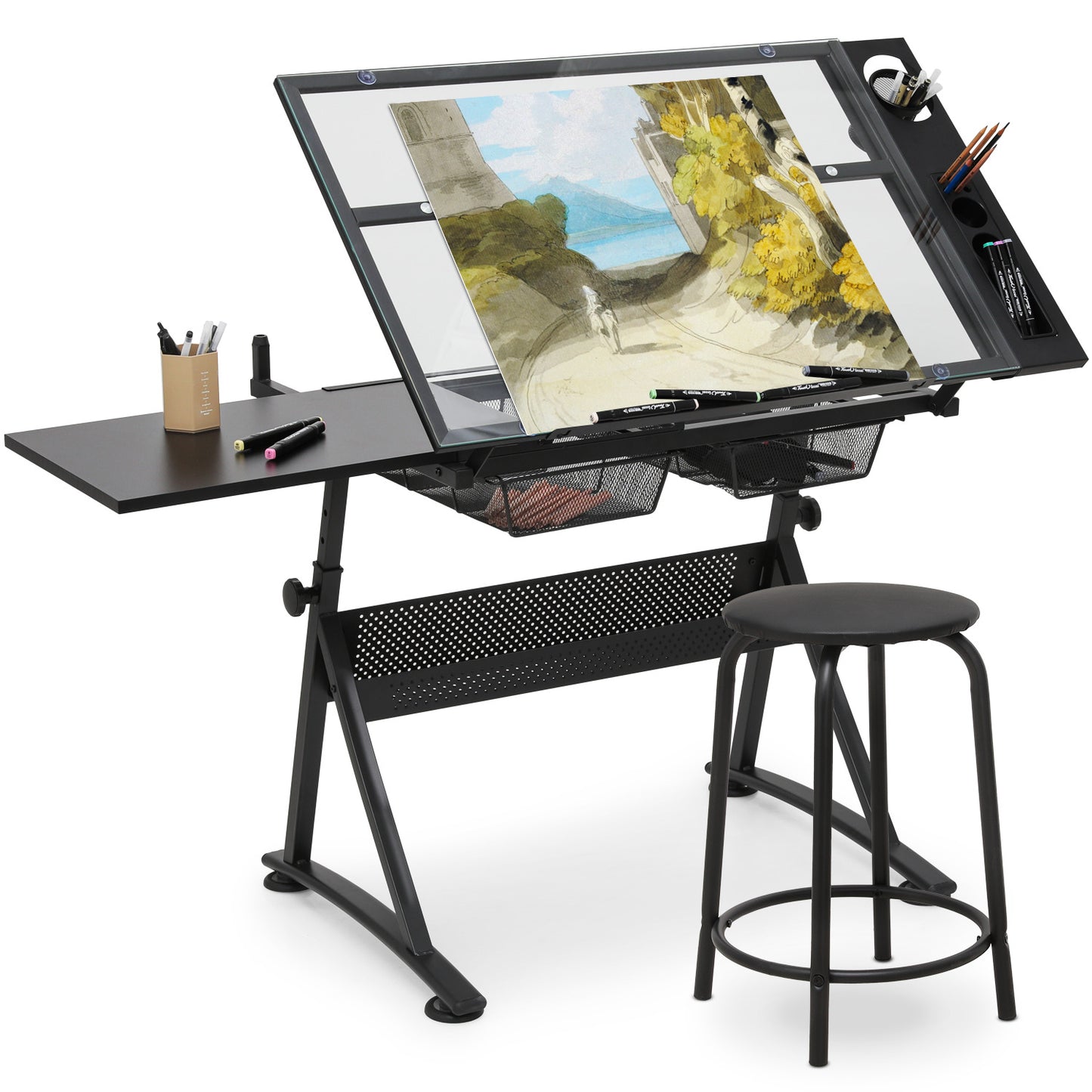 Drafting Table - 53" Crystal desktop with frame, 2 mesh drawers, with black stool
