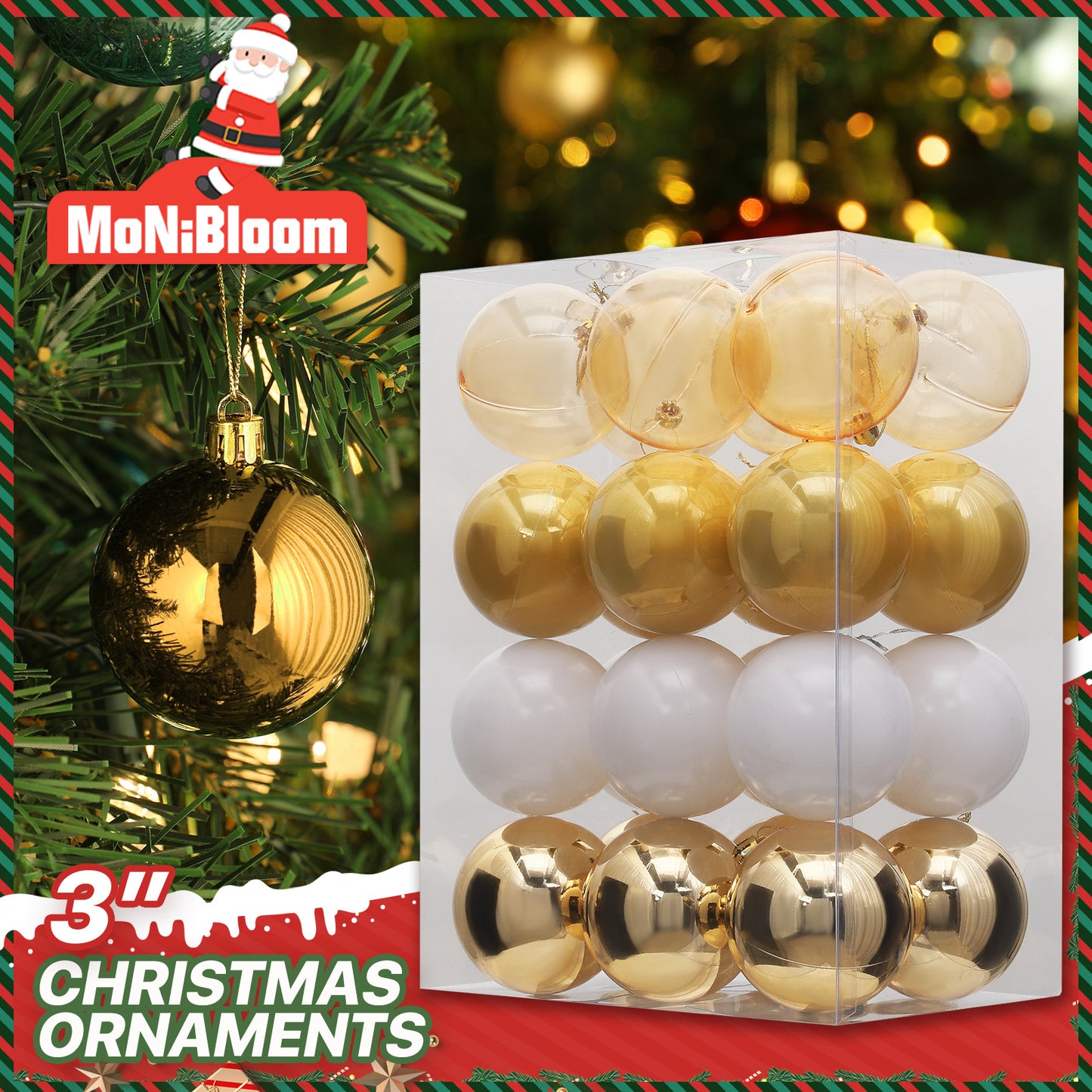 Ball Ornament - 3'' Diameter - 24PCS - 6*Shiny 6*Matte 6*Transparency 6*Pearly White