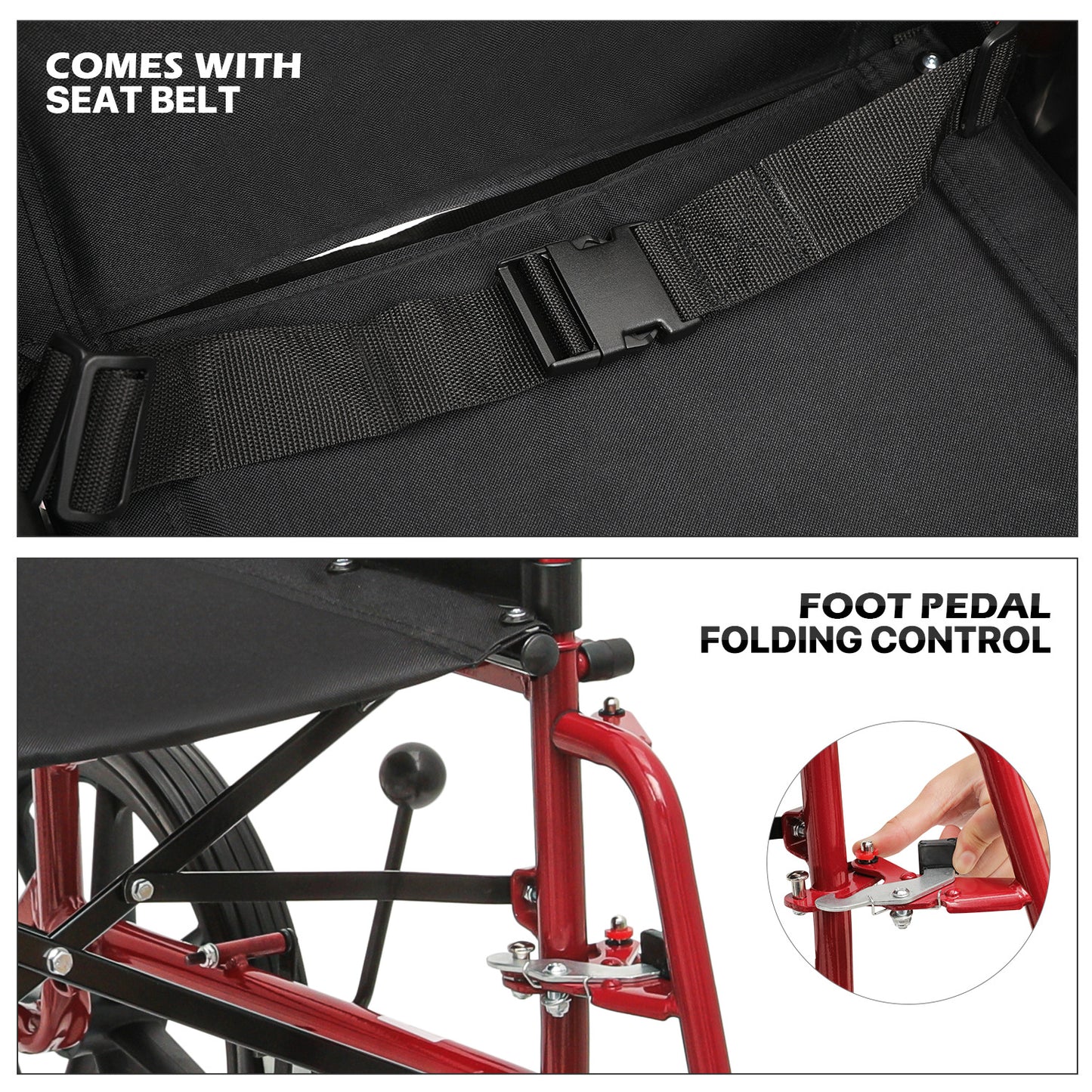 Transport Wheelchair - FDA Approved, PU Paded Armrest, Red