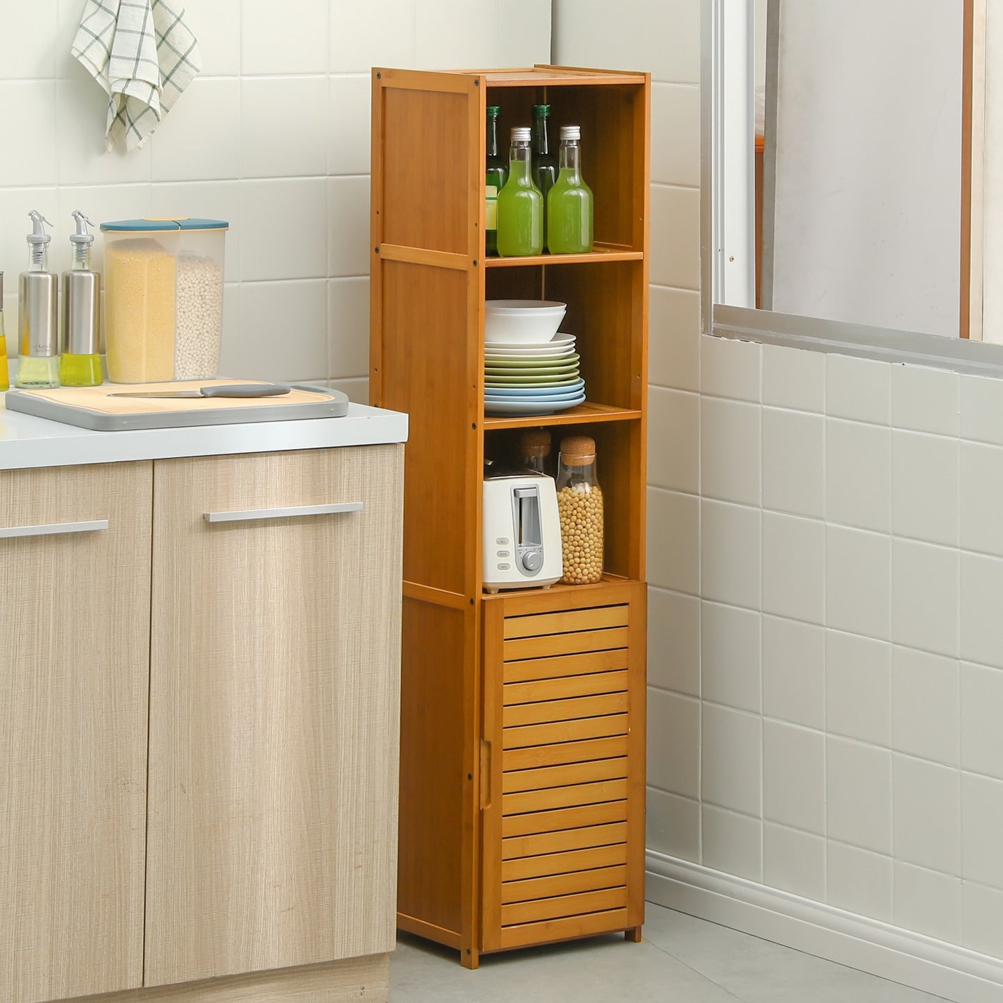 Multi-Functional Freestanding Display Shelf - with Bottom Cabinet Storage - 12" - Brown