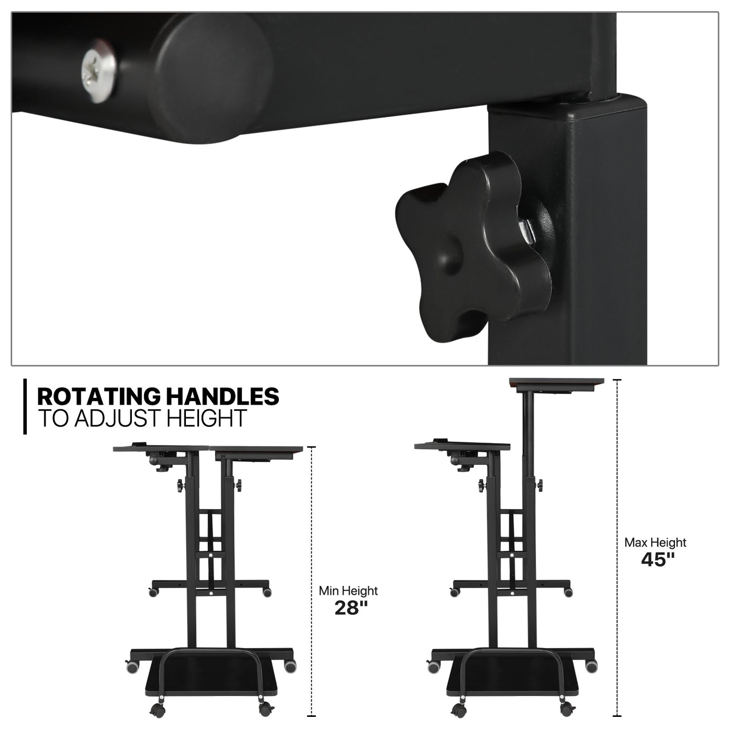 Rolling Lifting Computer Desk w/Monitor Shelf & CPU Stand - Adjustable Height & Tilt