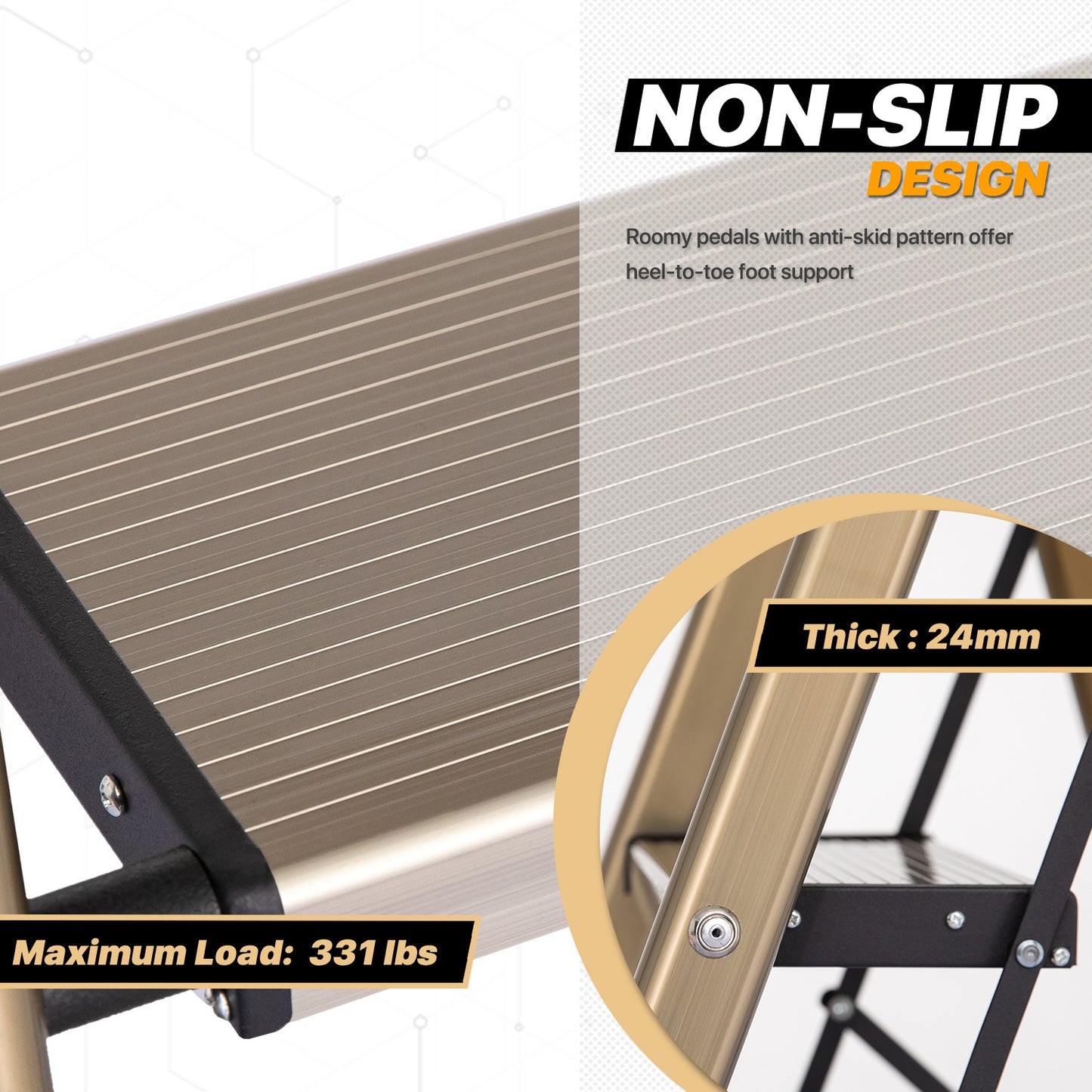 U-Shaped Padded Handle Folding Step Ladder - 3 Steps 3.78 ft/45.3", Gold