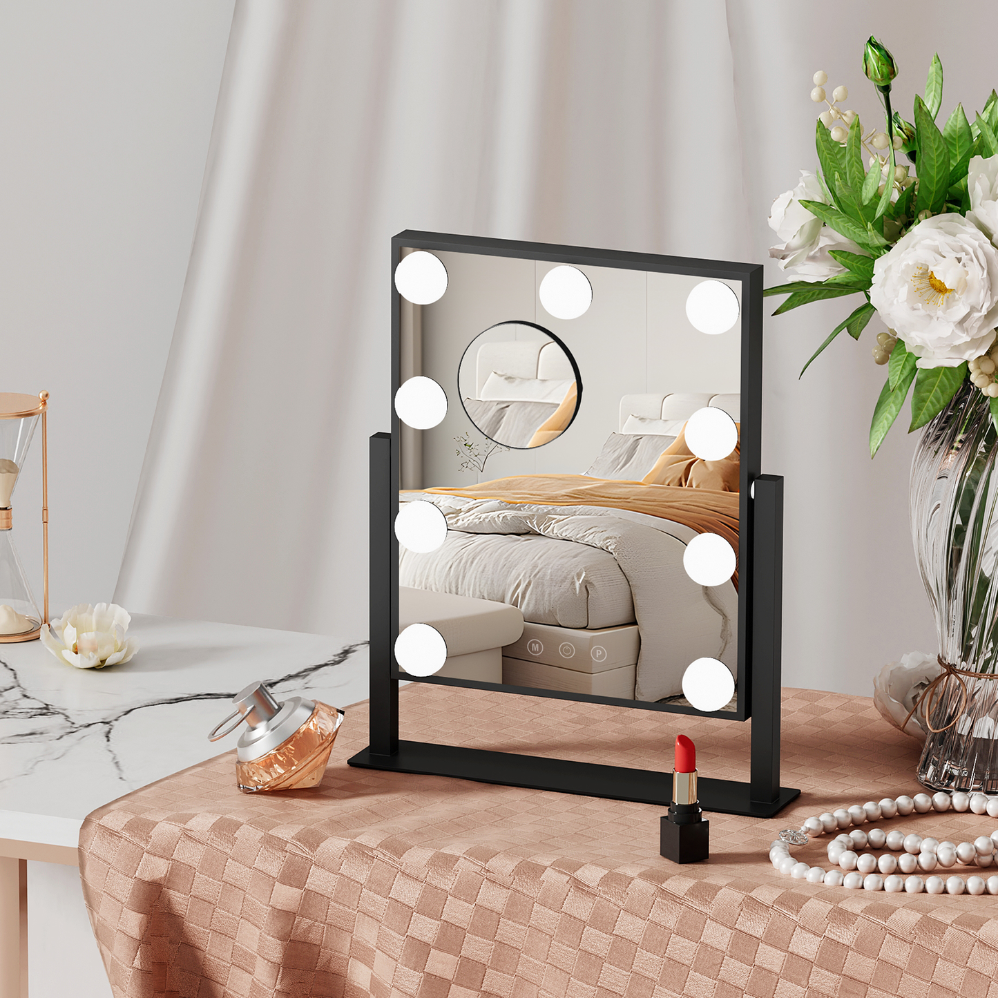 Rectangle 9 LED Plastic Bulb Vanity Mirror - 3 Color Lighting Mode - Brightness Adjustable - w/Detachable 5X Magnification Mirror