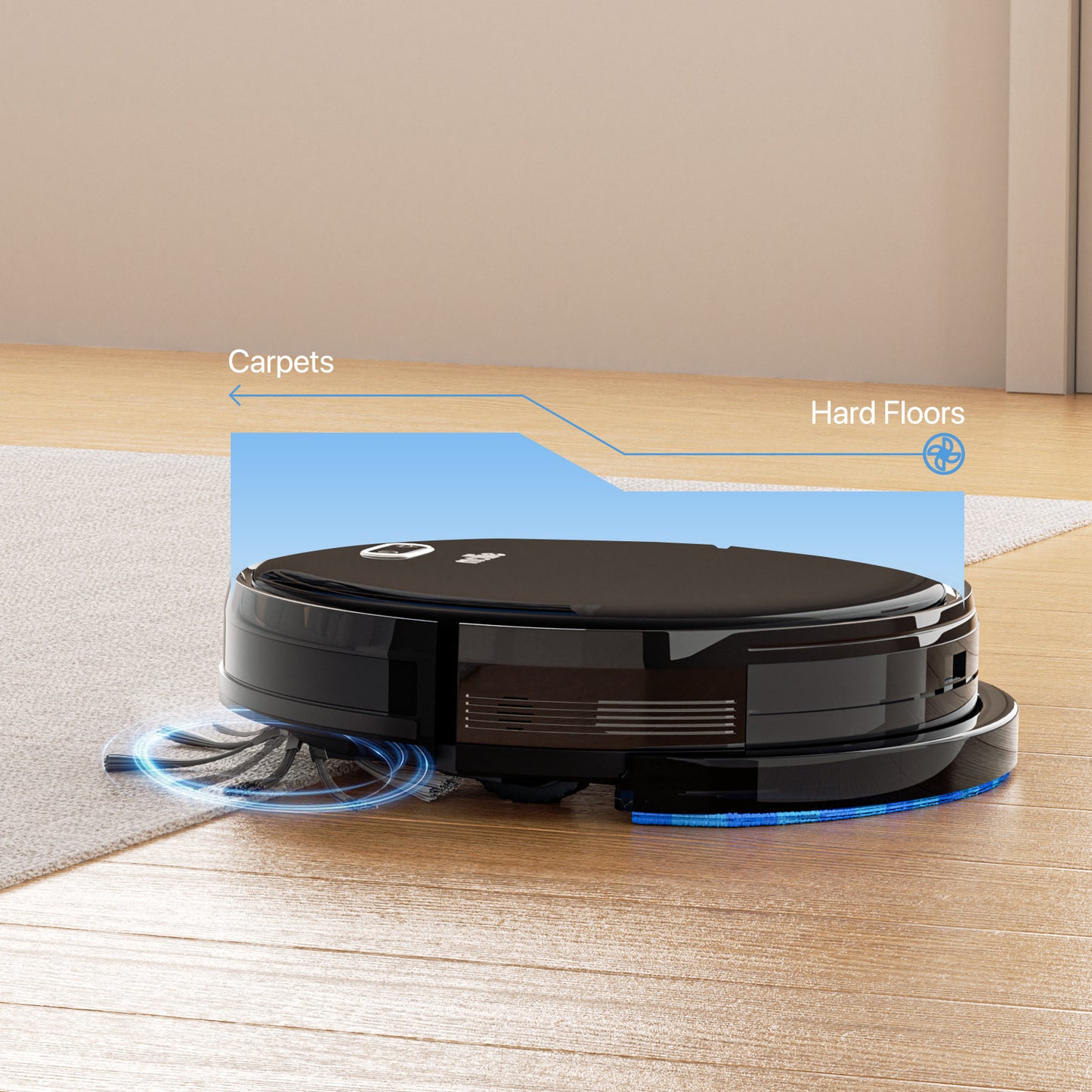 Robot Vacuum - 500ml Dustbin - 150ml Water Tank - w/Dry Mop+Remote Control - Black