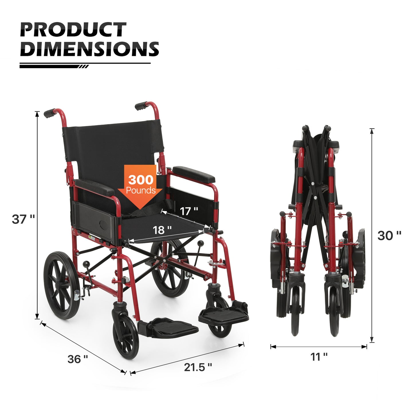 Transport Wheelchair - FDA Approved, PU Paded Armrest, Red