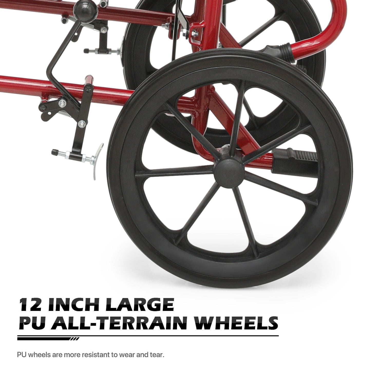 Transport Wheelchair - FDA Approved, PU Paded Armrest, Red