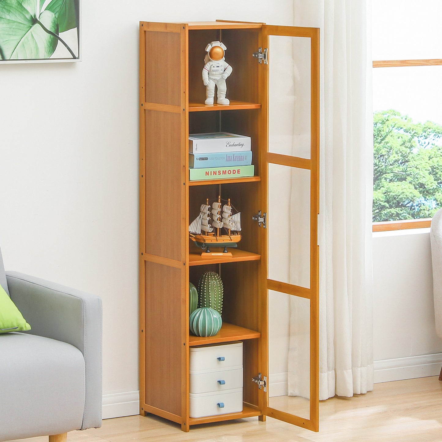 Visible Single Door Bookcase - Bamboo/Acrylic - Brown