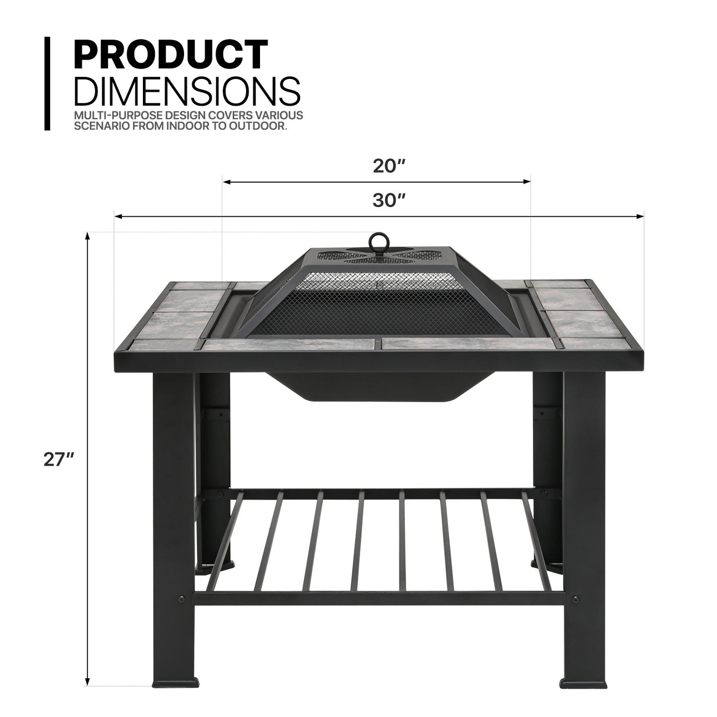 30" Square Marble Tabletop Fire Pit Table w/Lid & Poker & Spark Screen