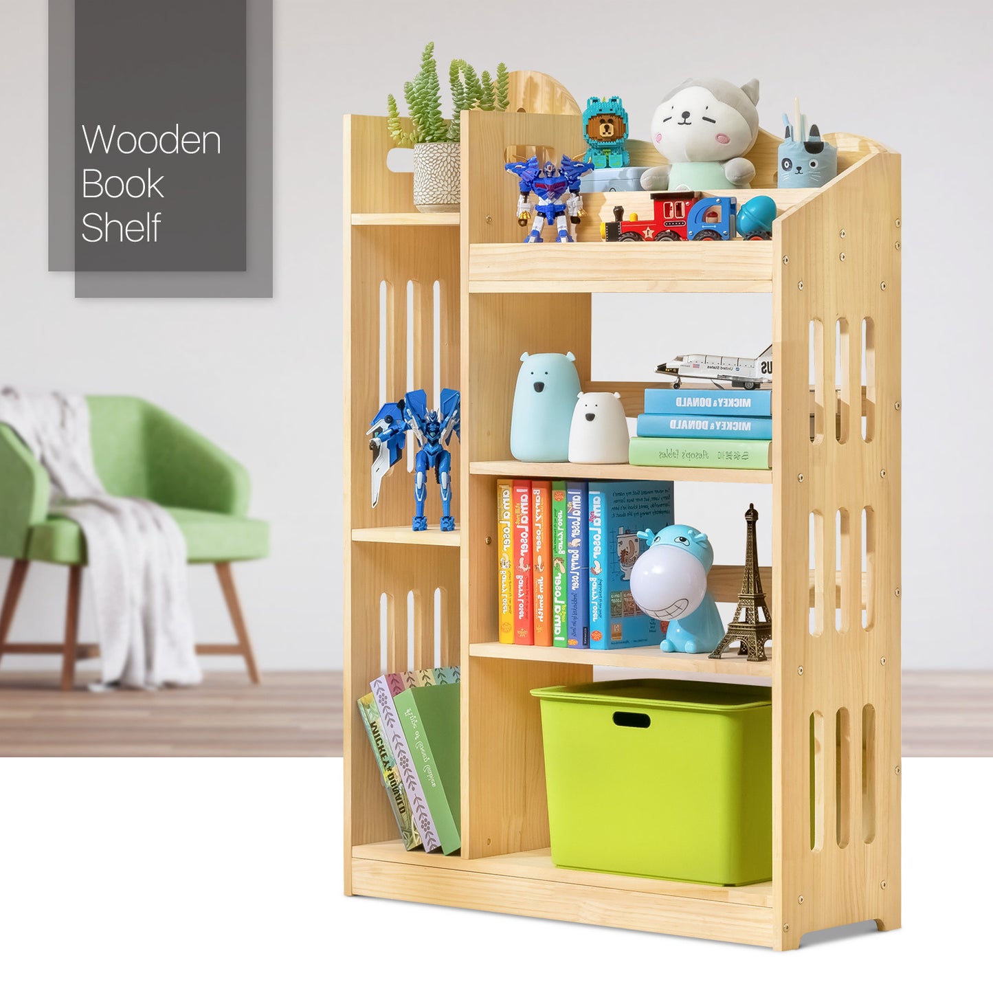 Wooden Display Storage Organizer - Unequal Top - 4 Tier - 33" - Natural