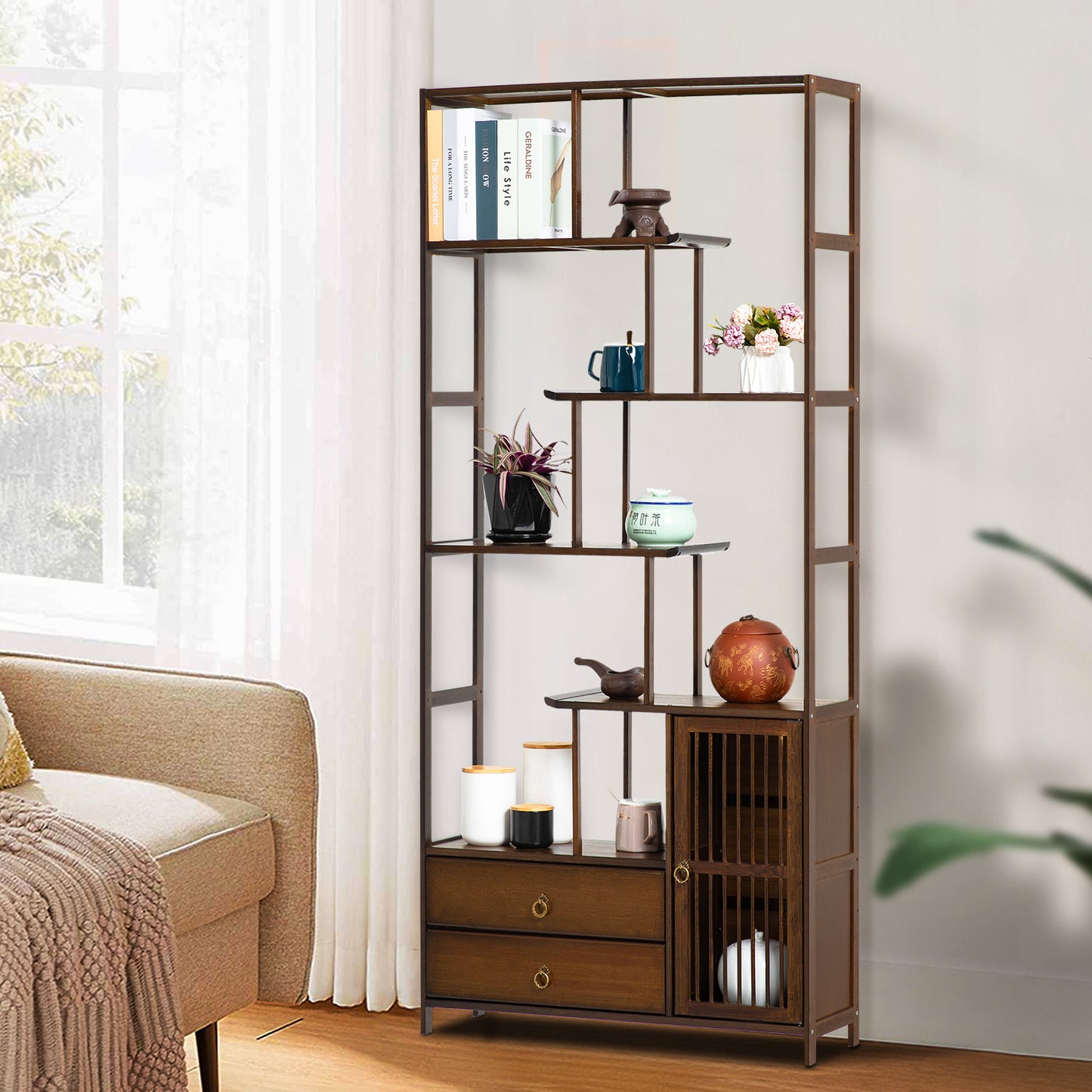 Chinese Etagere Fence Door Bottom Space Bookcase w/Dual Drawers - Brown
