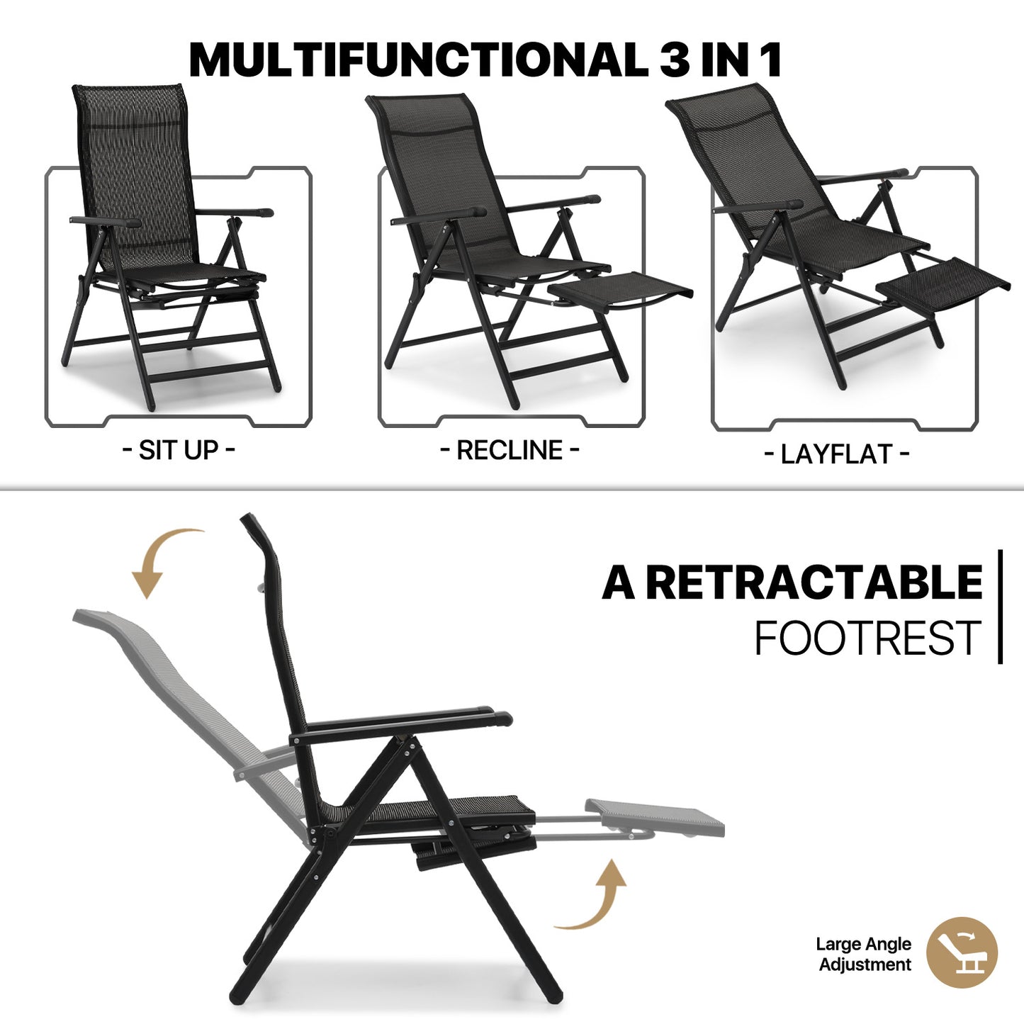 2 Pack Folding Lounge Chair - Retractable Footrest
