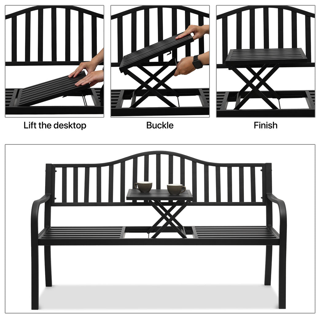 59" Iron Patio Garden Bench - with Adjustable Table - Vertical Bar Pattern