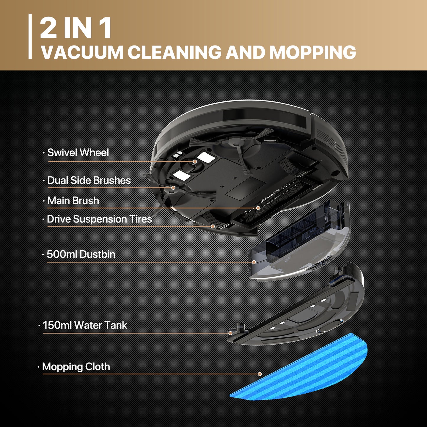 Robot Vacuum - 500ml Dustbin - 150ml Water Tank - w/Dry Mop+Remote Control - Black