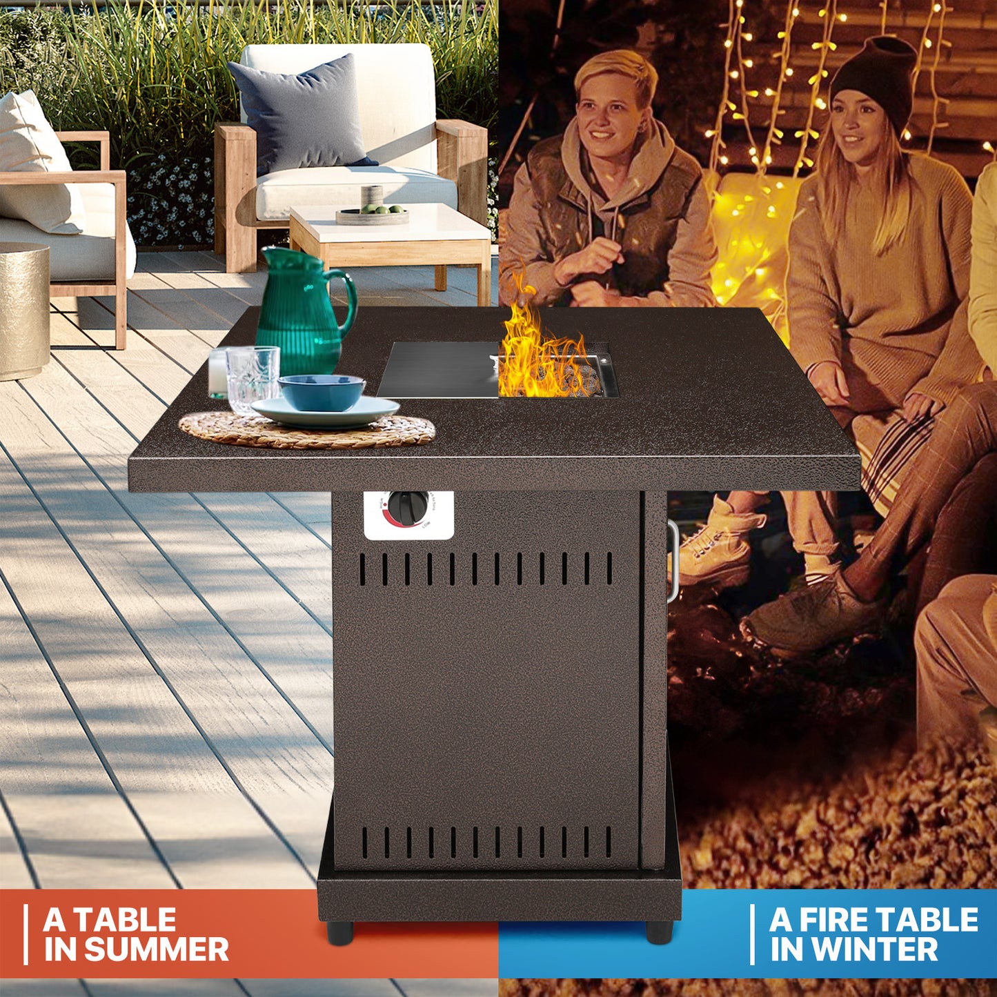 30" Outdoor Square Propane Gas Fire Pit Table 40,000 BTU - w/Lid, Lava Rocks - Brown