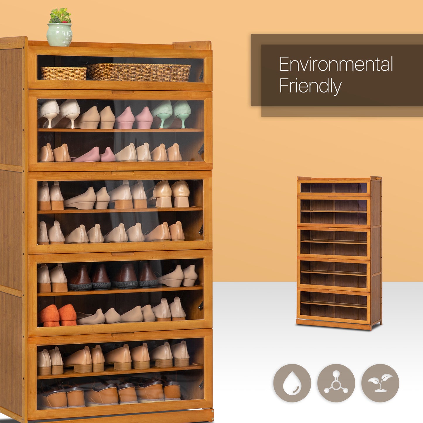 Visible Drop Down Door Shoe Organizer - Bamboo/Acrylic - Brown