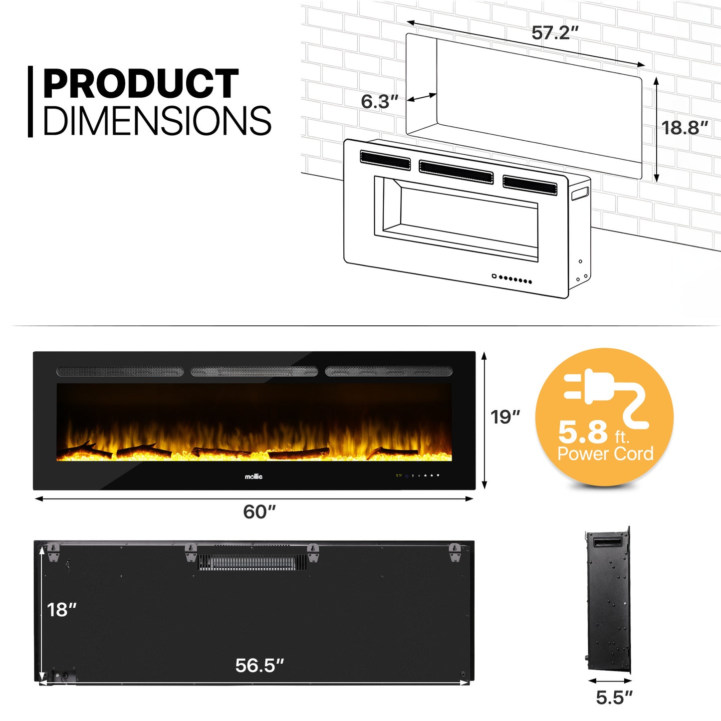 60" Wall Mounted Electric Fireplace - 1400W Space Heater - 8 Flame Colors 4 Brightness Level - with Remote