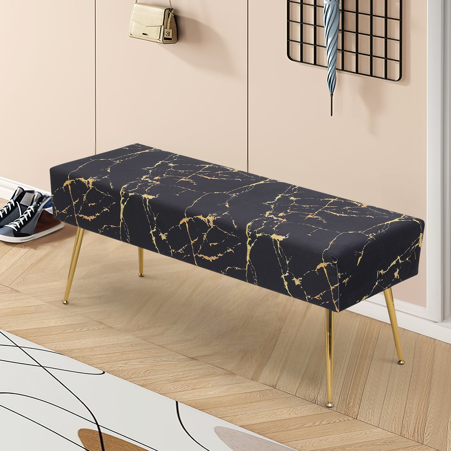 Velvet Tufted Upholstered Ottoman Bench Footstool Marbling Microfiber Seat