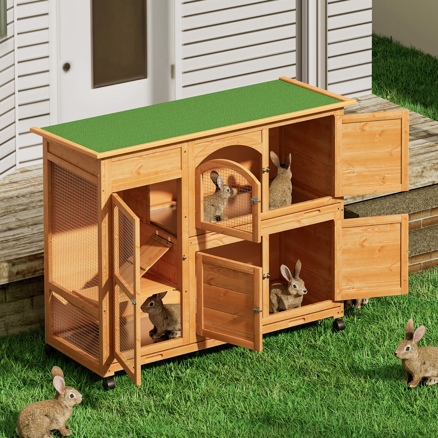 Wooden Chicken Coop Rabbit Hutch - 47.5'' Length - w/4 Wheels