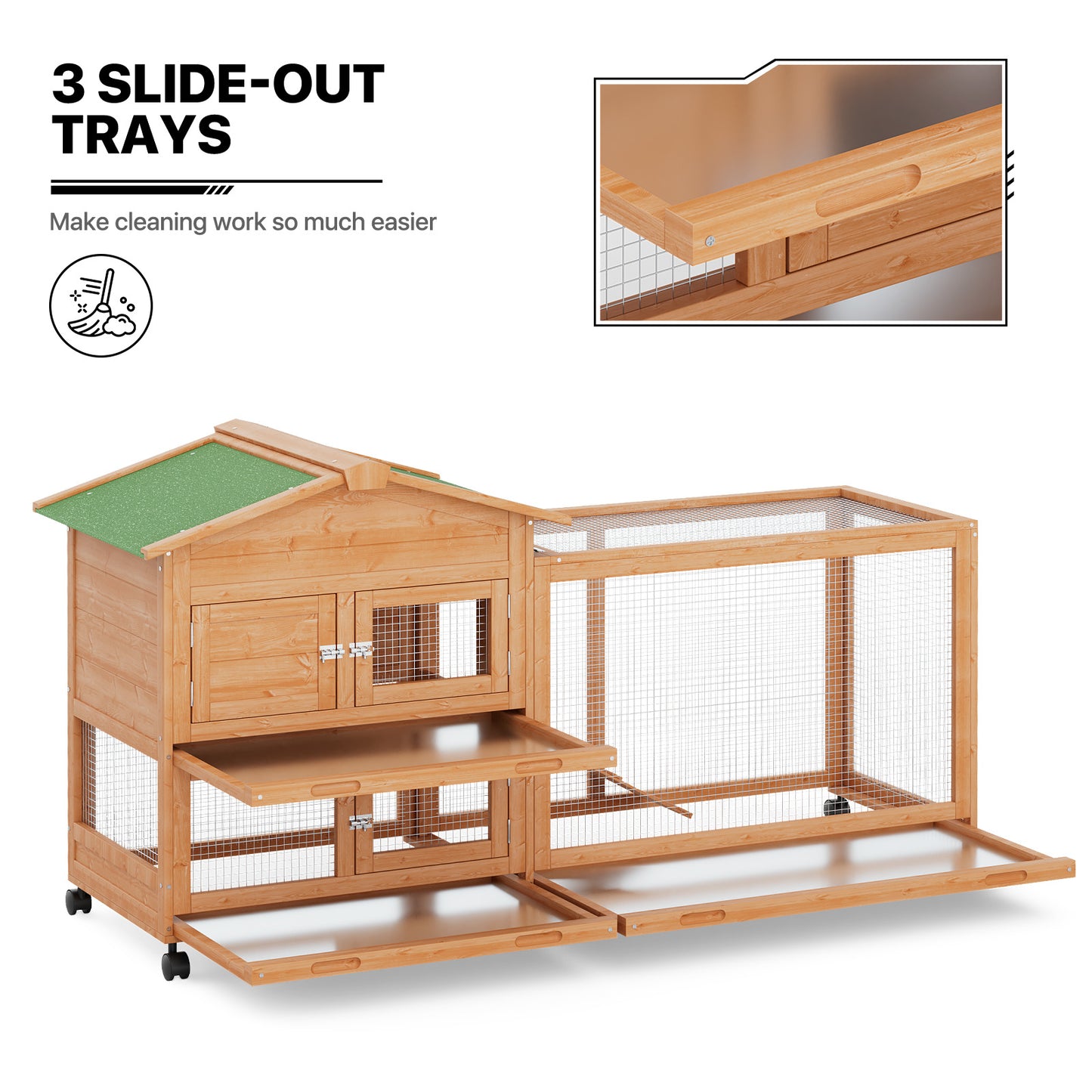 Wooden Chicken Coop Rabbit Hutch - House Shape - 63.5'' Length - w/6 Wheels